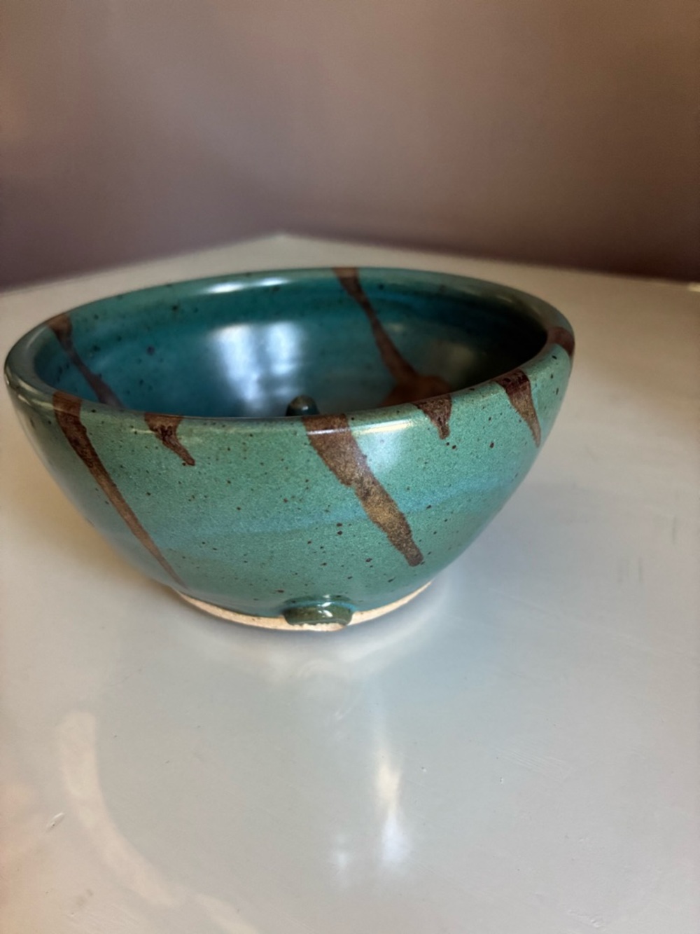 Signed Studio Pottery Ring Jewelry Holder Bowl in Teal With Brown Drip Glaze